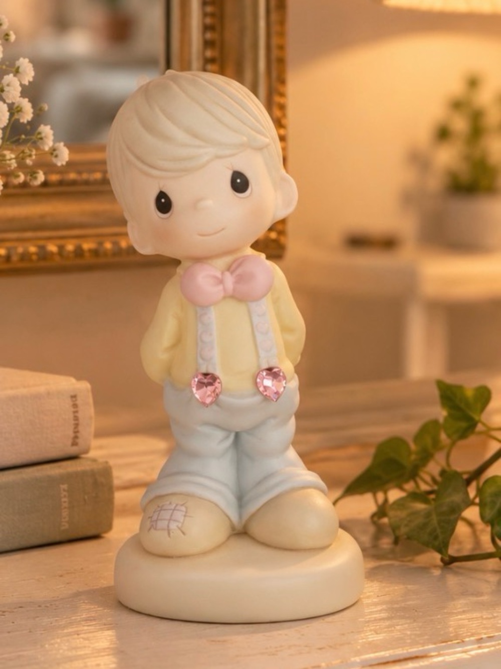 Precious Moments Cream, Pink and Blue Boy Figurine with Heart Accents